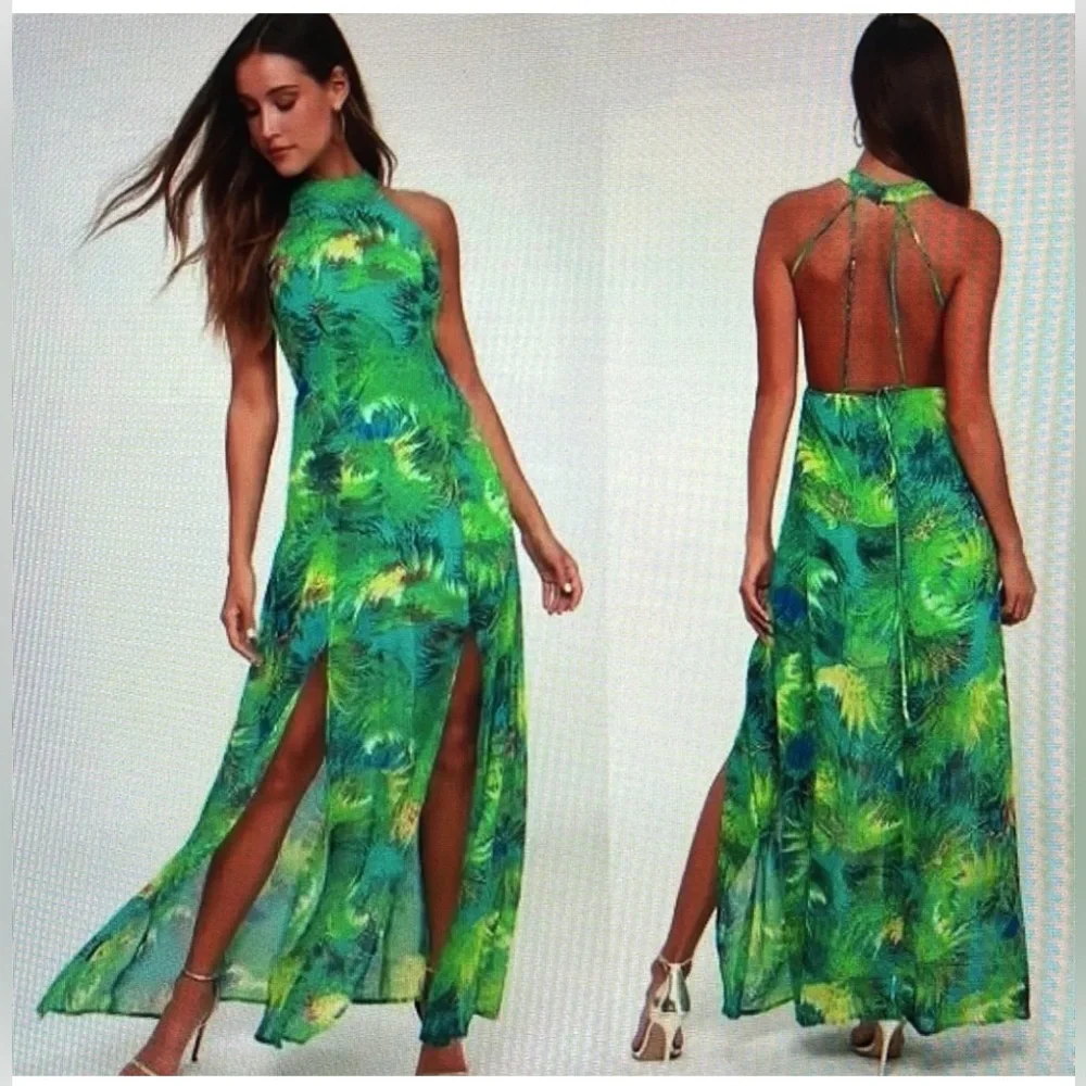 Lulu's Green & Blue Tropical Halter Maxi Dress